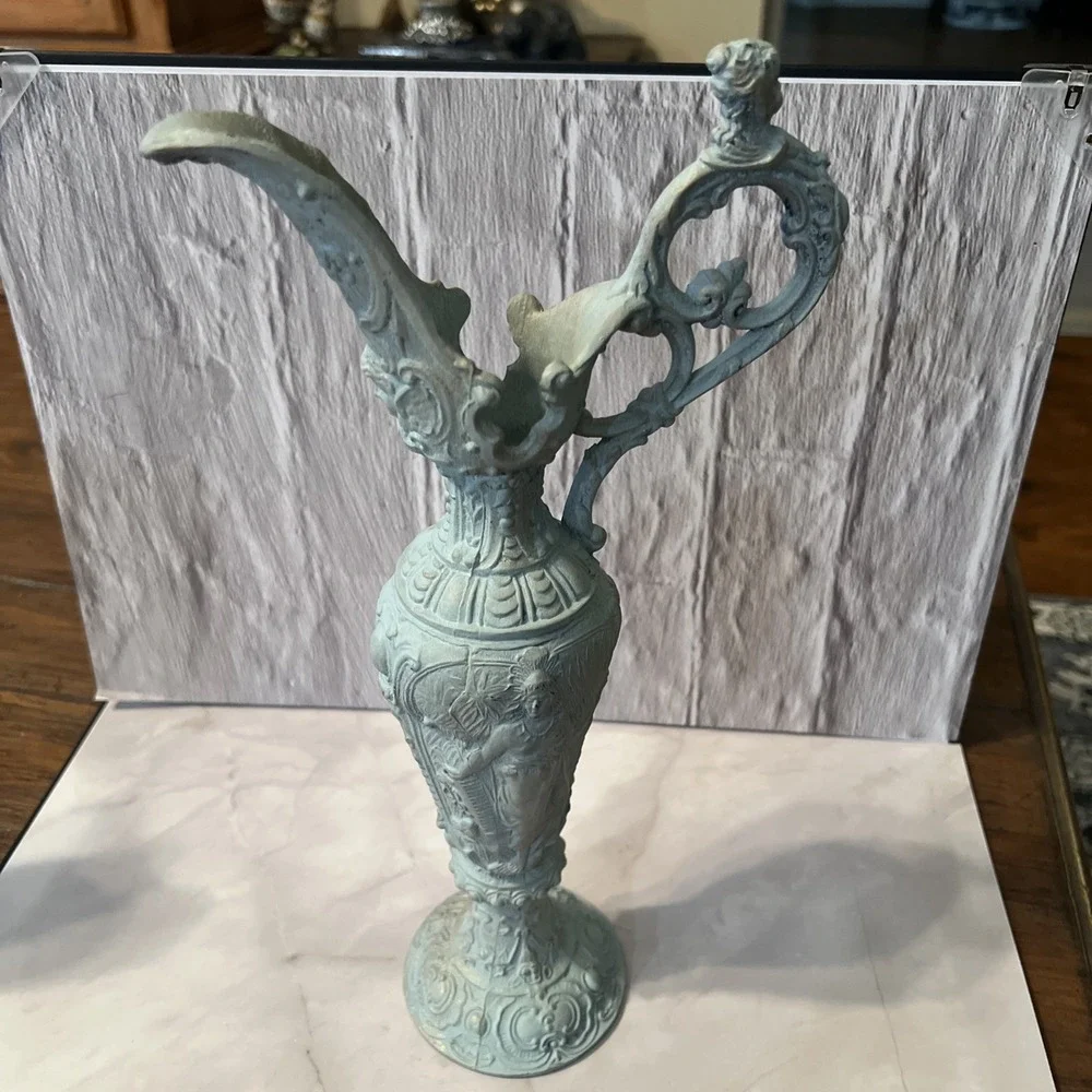 VTG Italian Ornate Ewer Vase – Rococo Revival Cast Metal with Verdigris‎ Finish
